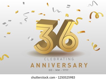 36 Anniversary gold numbers with golden confetti. Celebration 36th anniversary event party template.