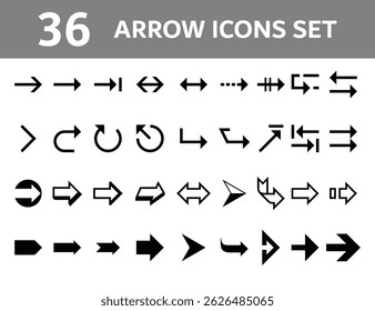36 Arrow Icons Set, Black Vector Arrows for Web Design, UI, App Interface, Navigation, Direction, Forward, Back, Sync, Refresh, Loop, Swap, Transfer, Turn, Recycle, Click Symbol Collection