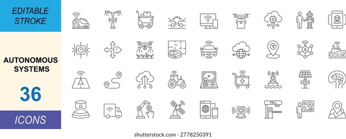 36 Autonomous systems line icons set featuring self-driving cars, drones, and smart robots. Editable stroke vector for AI automation and future tech UI design.