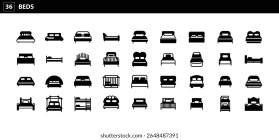 36 Beds Icons: Essential Visuals for Bedroom Furniture, Home Decor, and Interior Design Concepts