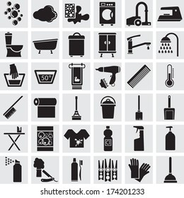 36 black isolated vector icons of a bathroom and a toilet on a grey background