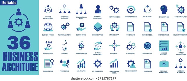 36 Conjunto de iconos de Vectores editables de Business Architecture que incluyen estrategia, planificación, flujo de trabajo, análisis, estructura de Organización y símbolos de administración Corporativa para el diseño de UI UX
