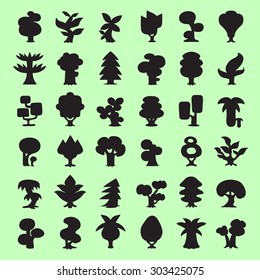 36 Cartoon vector trees silhouettes collection