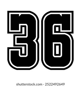 36 Classic Vintage Sport Jersey  Uniform numbers in black with a black outside contour line number on white background for American football, Baseball and Basketball or soccer for shirt