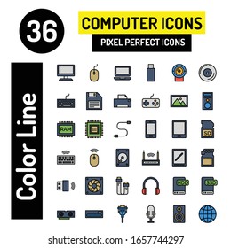 36 Color line icon set Computer Components symbol vector sign isolated  illustration for graphic and web design.