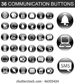 36 Communication Black Glossy Buttons Set