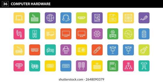 36 Ícones de hardware de computador: Visuais essenciais para dispositivos, componentes, periféricos e tecnologia de computação