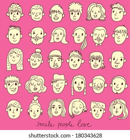 36 different smiling funny faces. Cartoon vector set in vector.  Girls, boys, men, women in white colors