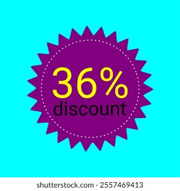 36% discount tag. Purple and yellow label. Store promotions, online commerce sales. Thirty six percent off.
