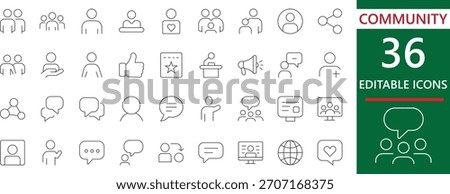 36 Editable Community vector line icons. Essential for social media, networking, users, communication, teamwork, and digital interaction design.