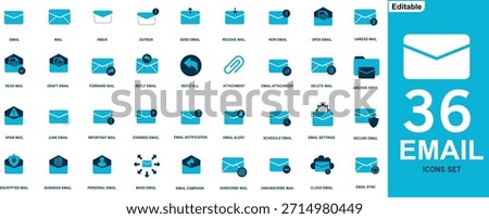 36 Editable Email Icons Set Showing Inbox Outbox Send Receive Attachment Spam Notification Business Mail Symbols for Web App UI UX Design Infographic and Digital Communication