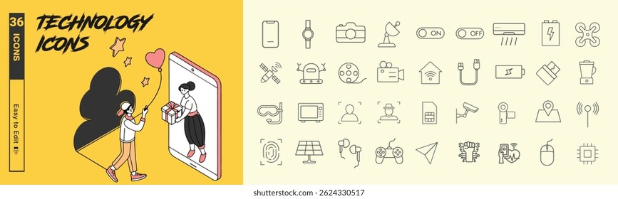 36 Editable Technology Icons Featuring Modern Gadgets and Digital Elements on a Vibrant Design Background
