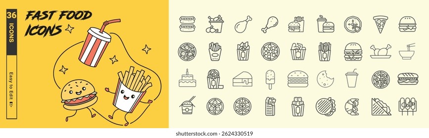 36 Fast Food Icons: Line Drawn Illustrations and Cartoon Designs for Creative Projects and Digital Art