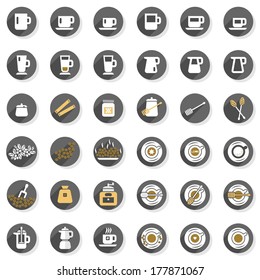 36 flat modern colorful coffee time cafe drink related button set isolated on white background 