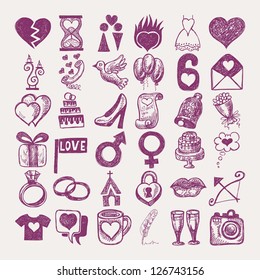36 hand drawing doodle icon set, wedding sketchy illustration