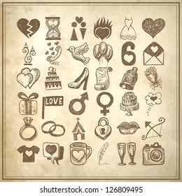 36 hand drawing doodle icon set, wedding sketchy illustration on grunge background