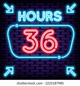 36 hours Neon Sign Vector. On brick wall background. Light banner. Design element. Vector Illustration