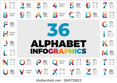 36 Infographic templates for your presentation. Includes all alphabet letters and numbers. Lettering font concept. Can be used for logo or icon.