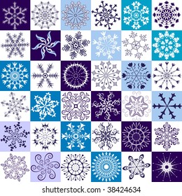 36  isolated snowflakes on white and blue backgrounds (vector)