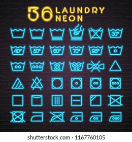 36 Laundry Set Icon Neon Style Blue Neon Light Color Illustration. Useful for Web, Flyer, Banner Designs
