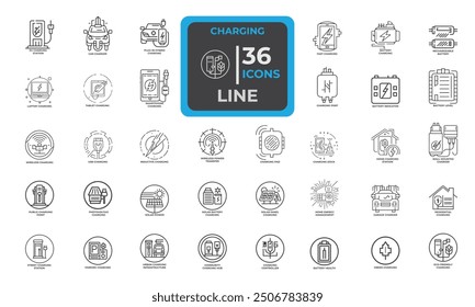 36 Line Icons for Charging set in editable stroke. Containing charging, power, solar, car charging, etc. charge, battery, energy, electricity, charger, recharge, electric ca, eco friendly charging