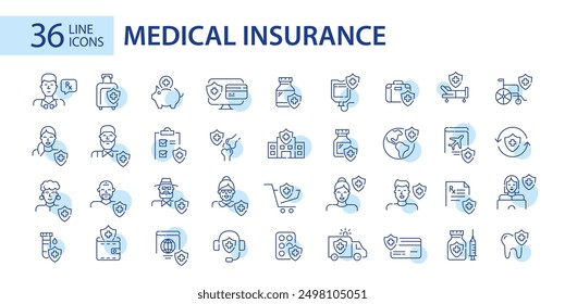 36 medical insurance healthcare plan icons. Hospital room, policy, international coverage and others. Pixel perfect