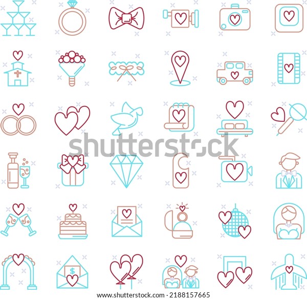 36 of minimal wedding icon set in color. Bridge,gift,\
groom, bouquet, church, honeymoon, champagne, couple, heart, car,\
calendar, cake, invitation, ballon, envelope, photo, camera, dove,\
love, car