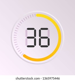 The 36 minutes, stopwatch vector icon, digital timer. Vector digital count down circle board with circle time pie diagram. Watch outline style design, designed for web and app.