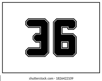 36 number classic american, college style font. Uniform letter in black with a black outside contour line. Vintage sport font.For jersey, t-shirt, basketball, baseball, football. Isolated vector
