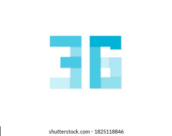 36 number, vector logo, paper cut desing font made of blue color tones .Isolated on white background. Eps10 illustration