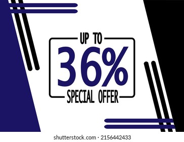 Up to 36% off banner. Discount offer in blue and black.