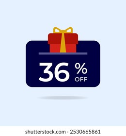 36% off Gift card Discount. Thirty six percent off gift box. Vector illustration. Flat icon.