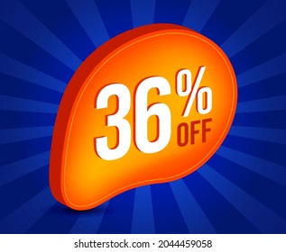 36% OFF Sale 3d Sign. Special Offer Marketing Ad. 36 Percent Discount Tag. Promotion Price icon.