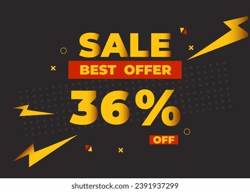 36% off sale best offer. Sale banner with thirty six percent of discount, coupon or voucher vector illustration. Yellow and red template for campaign or promotion.