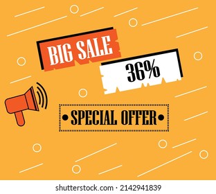 36% off special offer. Banner on a orange background for sales with megaphone