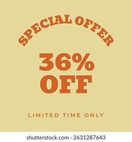 36% OFF. Special offer thirty six percent, limited time only. Retro 80s 90s style. Vintage vector illustration.