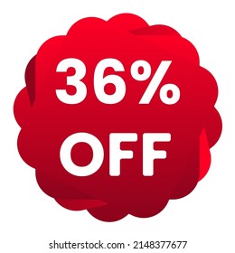 36% off. White background with 36 percent discount on a red balloon for mega big sales. 36% sale