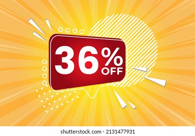 36% off. Yellow banner with 36 percent discount on a red balloon for mega big sales. 36% sale