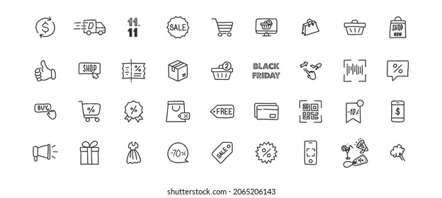 36 one line hand drawn icons for e-commerce, online shopping, Black Friday, 11.11 world shopping day. Vector illustration