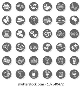 36 party time fun sweets drinks celebration monochrome isolated gray flat icon set with light shadow on white background