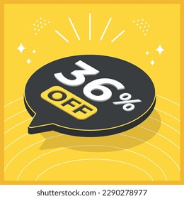 36 por ciento de descuento. Globo flotante 3D con promoción de ventas en fondo amarillo