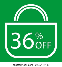 36 percent off. Green banner with shopping bag illustration.