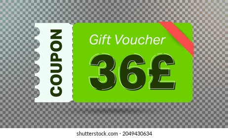 36 Pound coupon promotion sale for website, internet ads, social media.Big sale and super sale coupon code Pound 36 discount gift voucher coupon vector illustration summer offer ends weekend