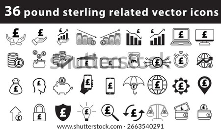 36 pound sterling related vector icons collection