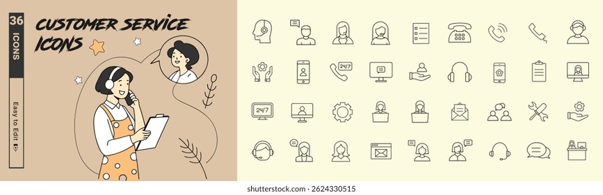 36 Ícones Profissionais de Atendimento ao Cliente: Ilustrações de Linha Editáveis, Incluindo Headsets, Bolhas de Bate-papo, Engrenagens e Ferramentas de Suporte para Necessidades Modernas de Design de Negócios	