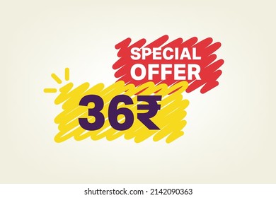 36 Rupee OFF Sale Discount banner shape template. Super Sale 36 Indian rupee Special offer badge end of the season sale coupon bubble icon. Discount offer price tag vector illustration.