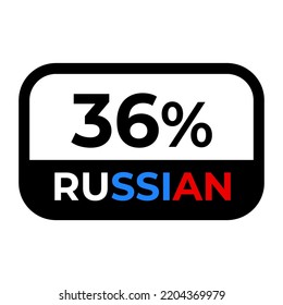"36% Russisch" Schild mit schwarzer Grenze. Vektorgrafik des Labels mit stylisch aussehender Schriftart in Farben der russischen Flagge