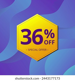 36% Sale and Discount Label. Thirty six percent Sale Discount label Geometric design. Abstract Blue and Yellow Hexagon. Vector illustration.