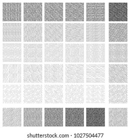 36 Seamless pattern of ink hand drawn linear hatching and crosshatching textures. Texture has different shades and angles: vertical, 30, 45 and 60 degrees, horizontal.