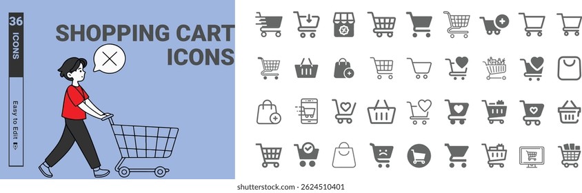 36 Shopping Cart Icons: Easy-to-Edit Vector Graphics for E-commerce and Retail Design Projects with a Clean and Professional Aesthetic